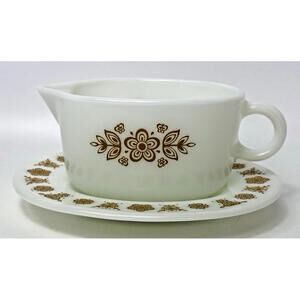 Vintage Pyrex Butterfly Gold Gravy Boat Under Plate Saucer Drip Dish 77-U 77-B